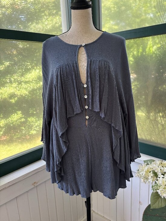 Free People Dresses & Skirts - Free People Ruffle Button-Front Romper | Slate Blue | Size M | Like New